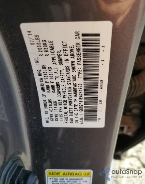 2014 Honda Accord Sport z USA, uszkodzony, nr VIN 1HGCR2F51EA284985